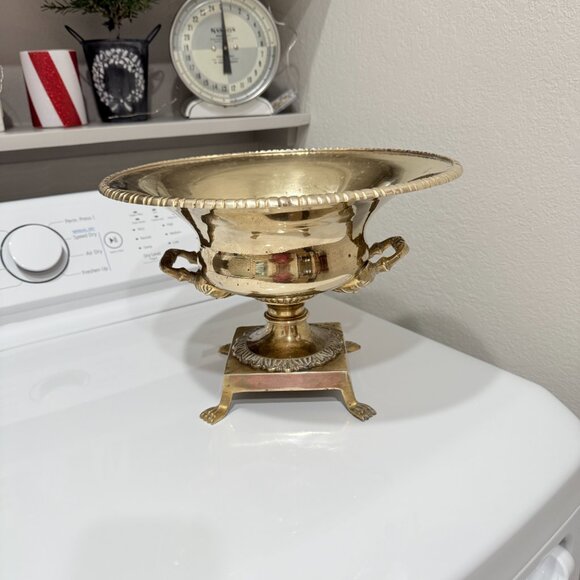 Vintage Ornate Brass Pedestal Bowl with Claw Feet and Faces - Picture 16 of 17